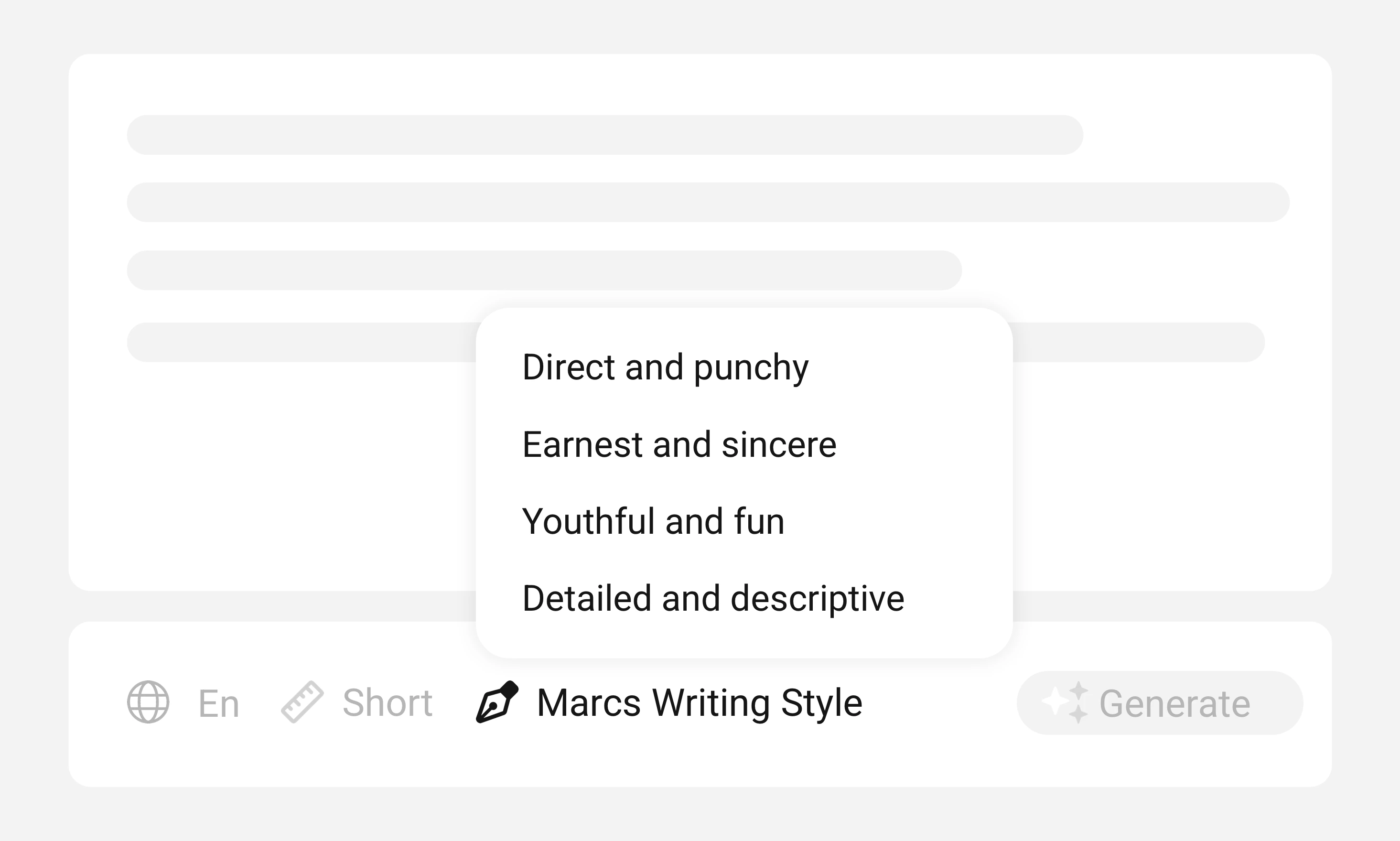 Custom writing styles feature for personalized AI treatment generation